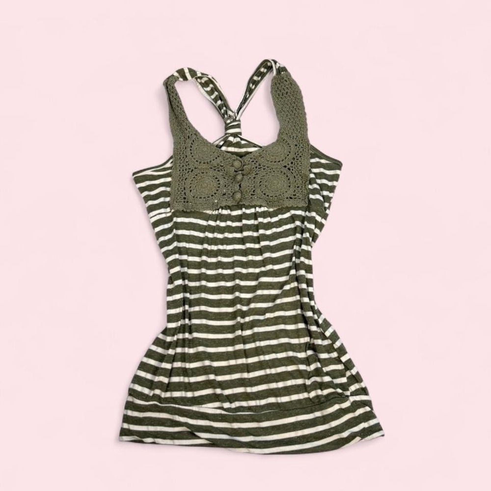Vintage y2k green & white striped crochet racerback boho indie tank top